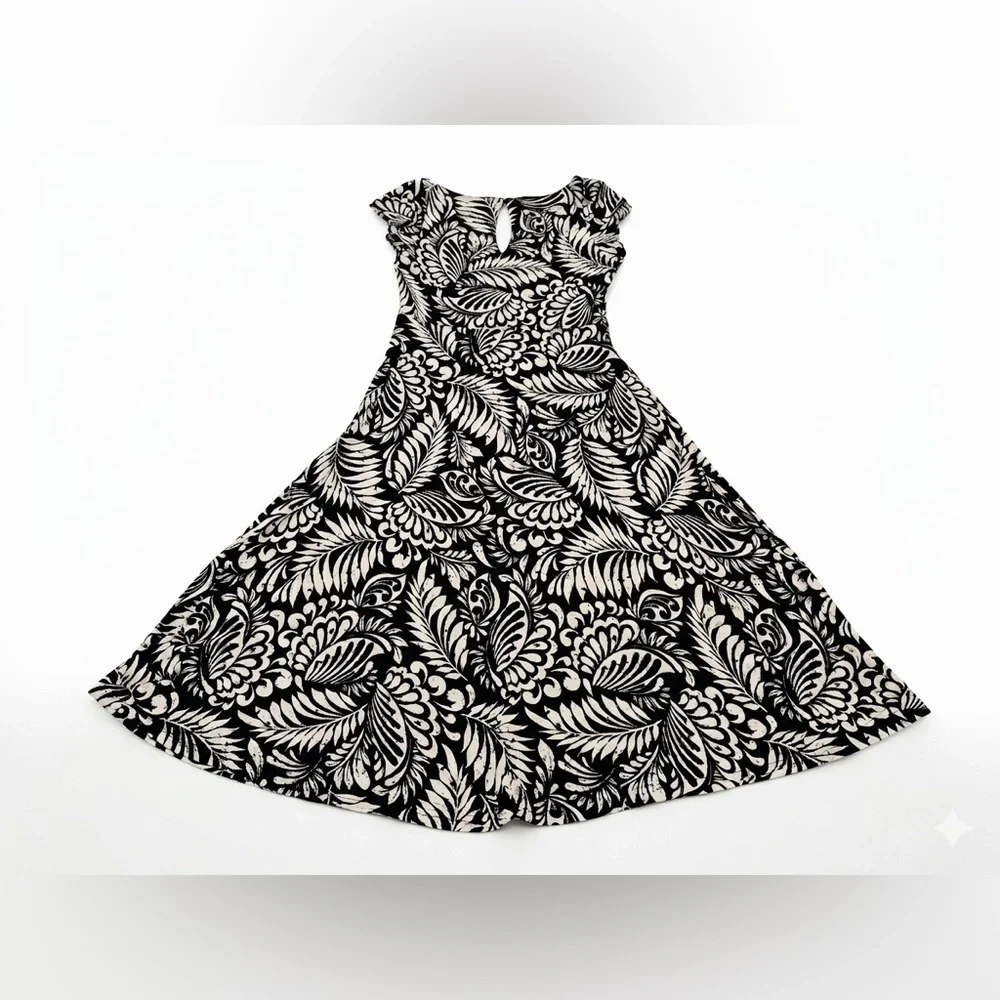 LOFT Black and White Floral Midi Fit-and-Flare Dress - Picture 5 of 7